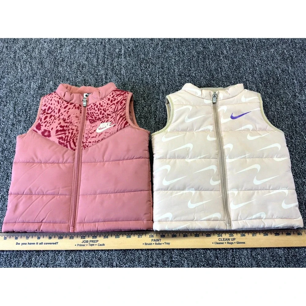 Nike Puffer Vest Jacket Toddler Girls 24M Pink Tan Full Zip Quilted - Lot of 2